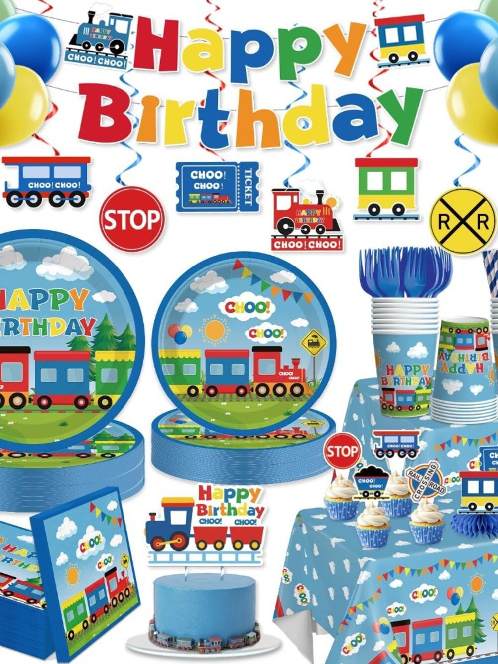 Train Birthday Decorations, Train Plates and Napkins Party Supplies